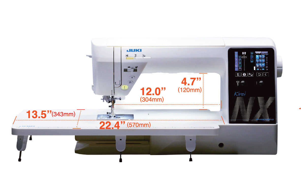 image of the JUKI HZL-NX7 Kirei Professional Quality Sewing and Quilting Machine with dimensions