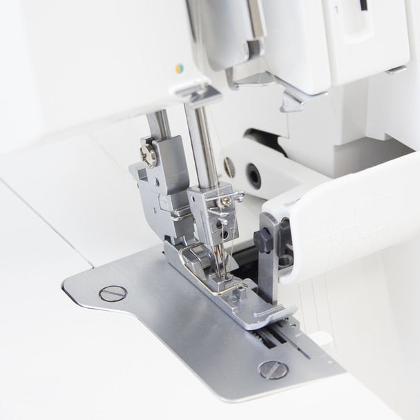 JUKI MO-114D 2/3/4 Thread Overlock Serger Sewing Machine close up view of needle