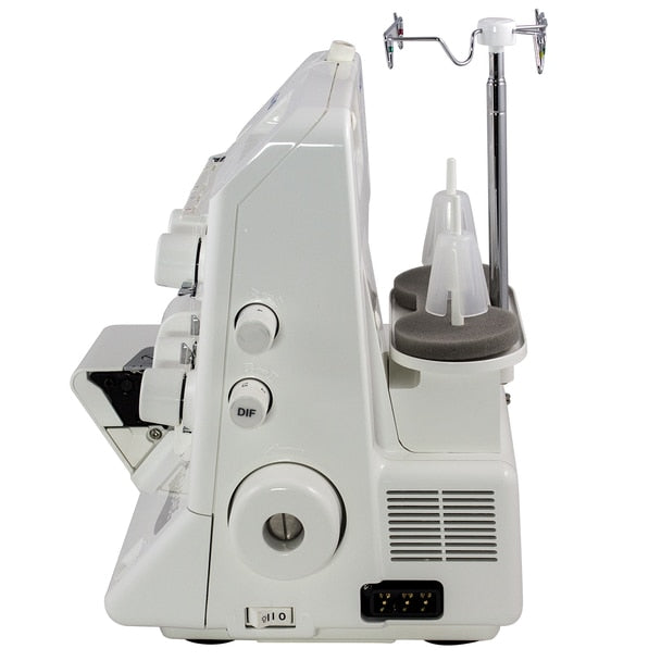 JUKI MO-654DE 2/3/4 Thread Overlock Serger Sewing Machine view of the side of the machine and needle adjuster