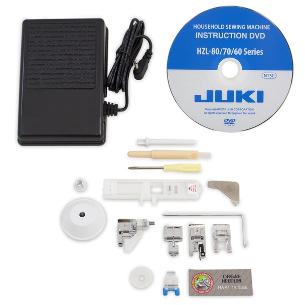 JUKI HZL-70HW view of instructional DVD and other accessories for the machine