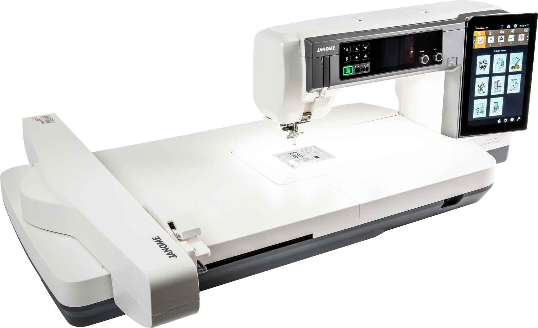 angled image of the Janome Continental M17 Sewing and Embroidery Machine with table attached