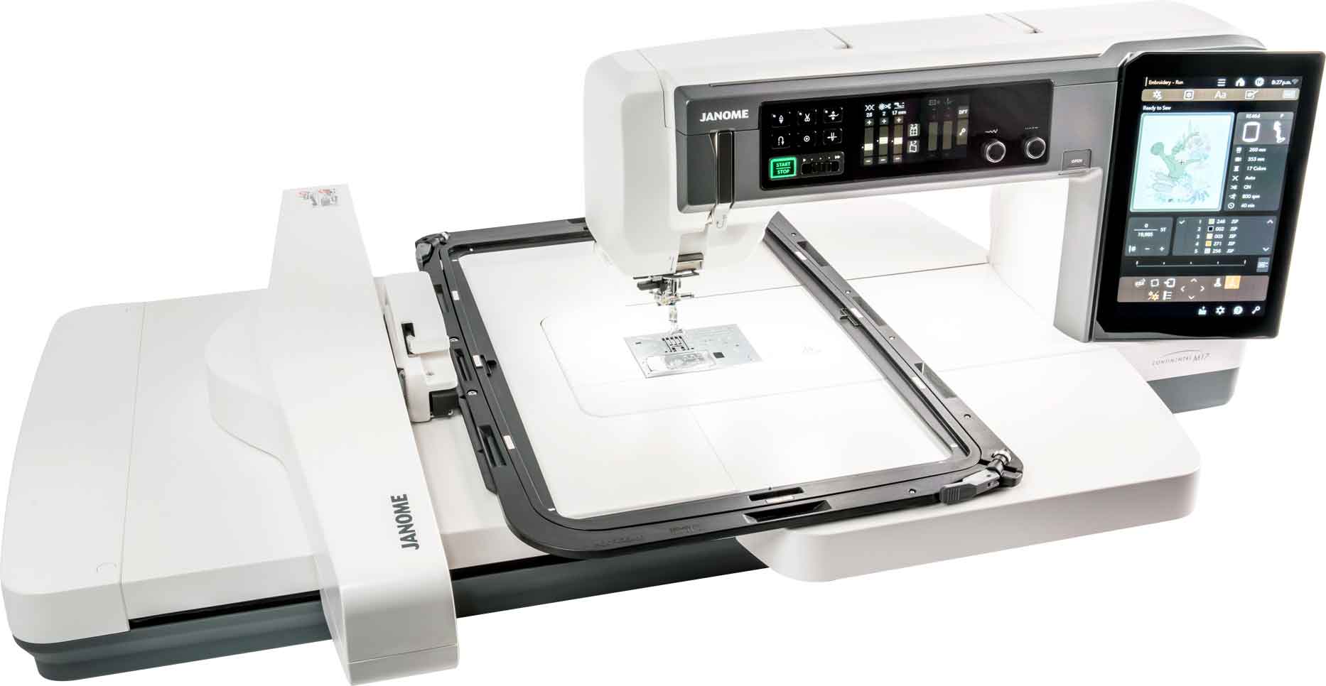image of the Janome Continental M17 Sewing and Embroidery Machine with embroidery hoop attached