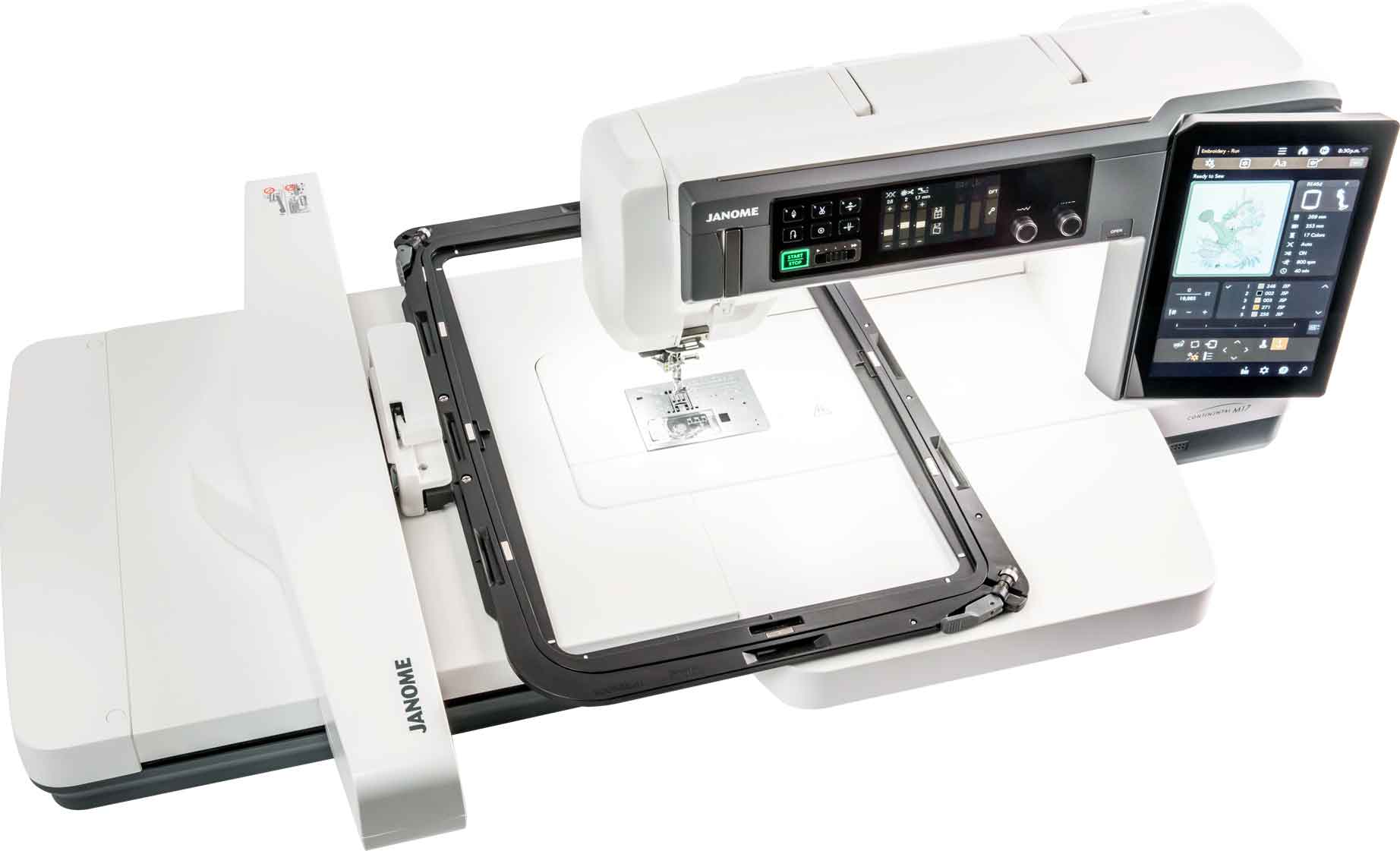 top down image of the Janome Continental M17 Sewing and Embroidery Machine with embroidery hoop attached