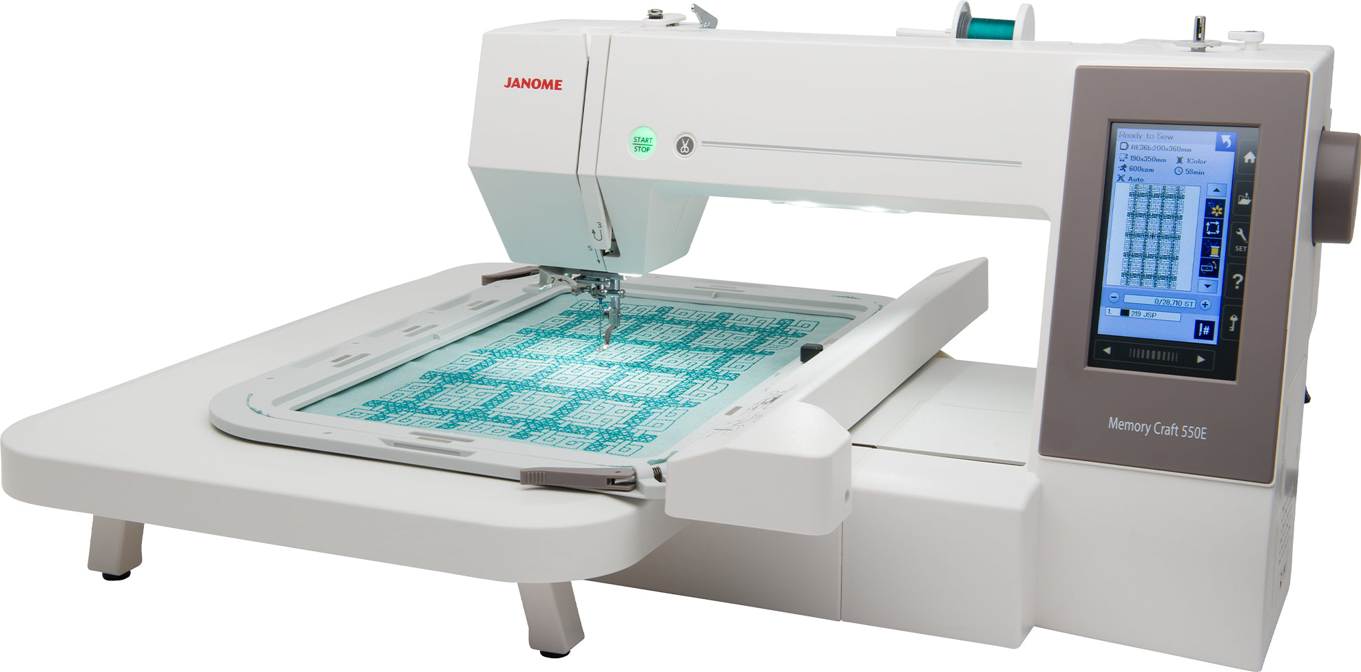 angled image of the Janome MC550E Memory Craft Embroidery Machine with hoop attached