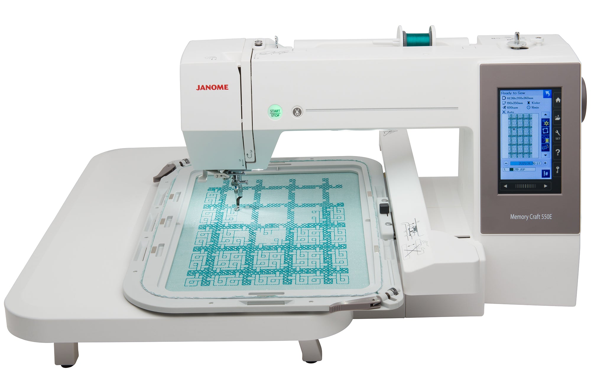 front facing image of the Janome MC550E Memory Craft Embroidery Machine with hoop attached