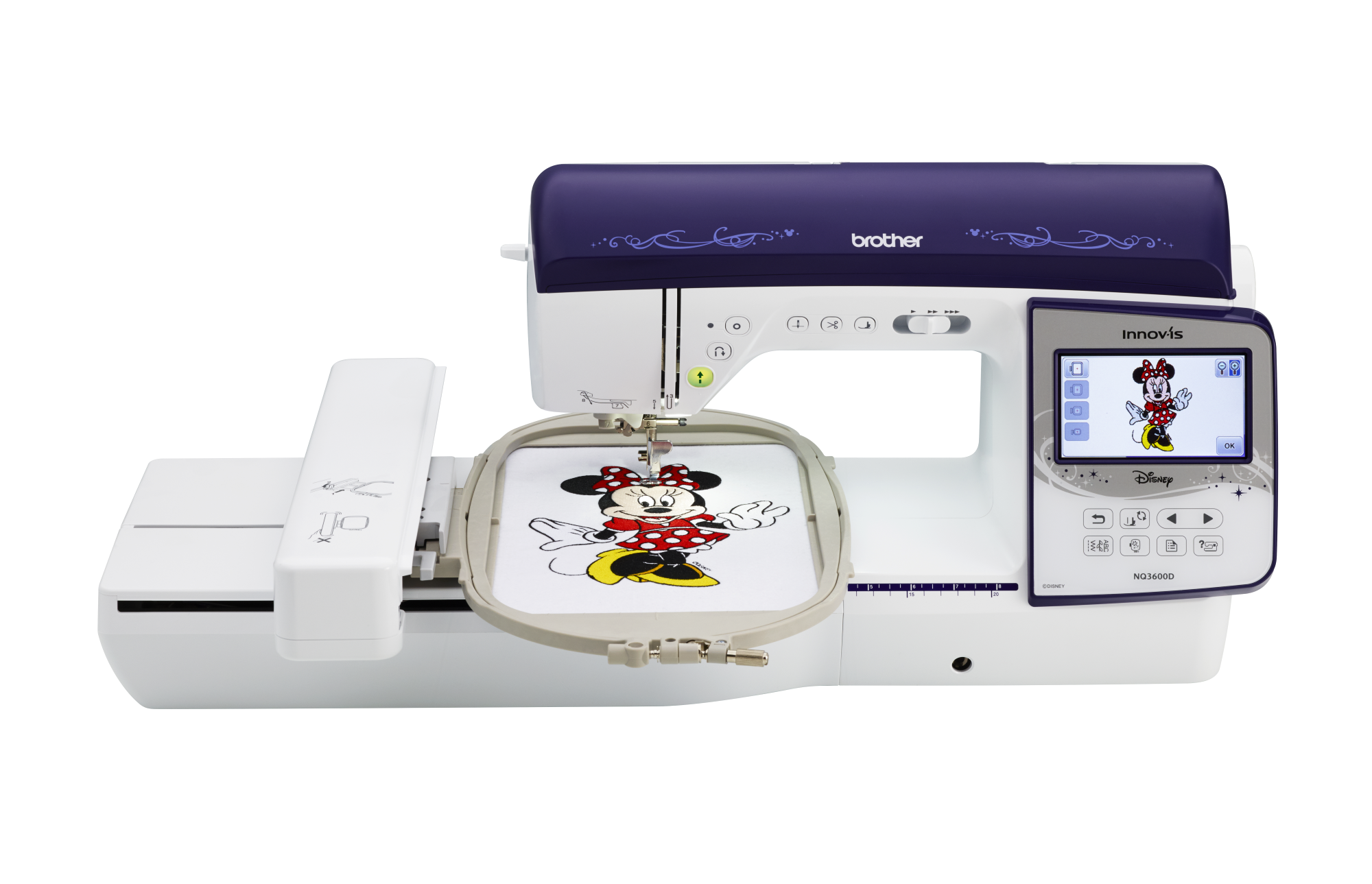 front facing image of the Brother Innov-is NQ3600D ten by six Sewing and Embroidery Machine with example embroidery 