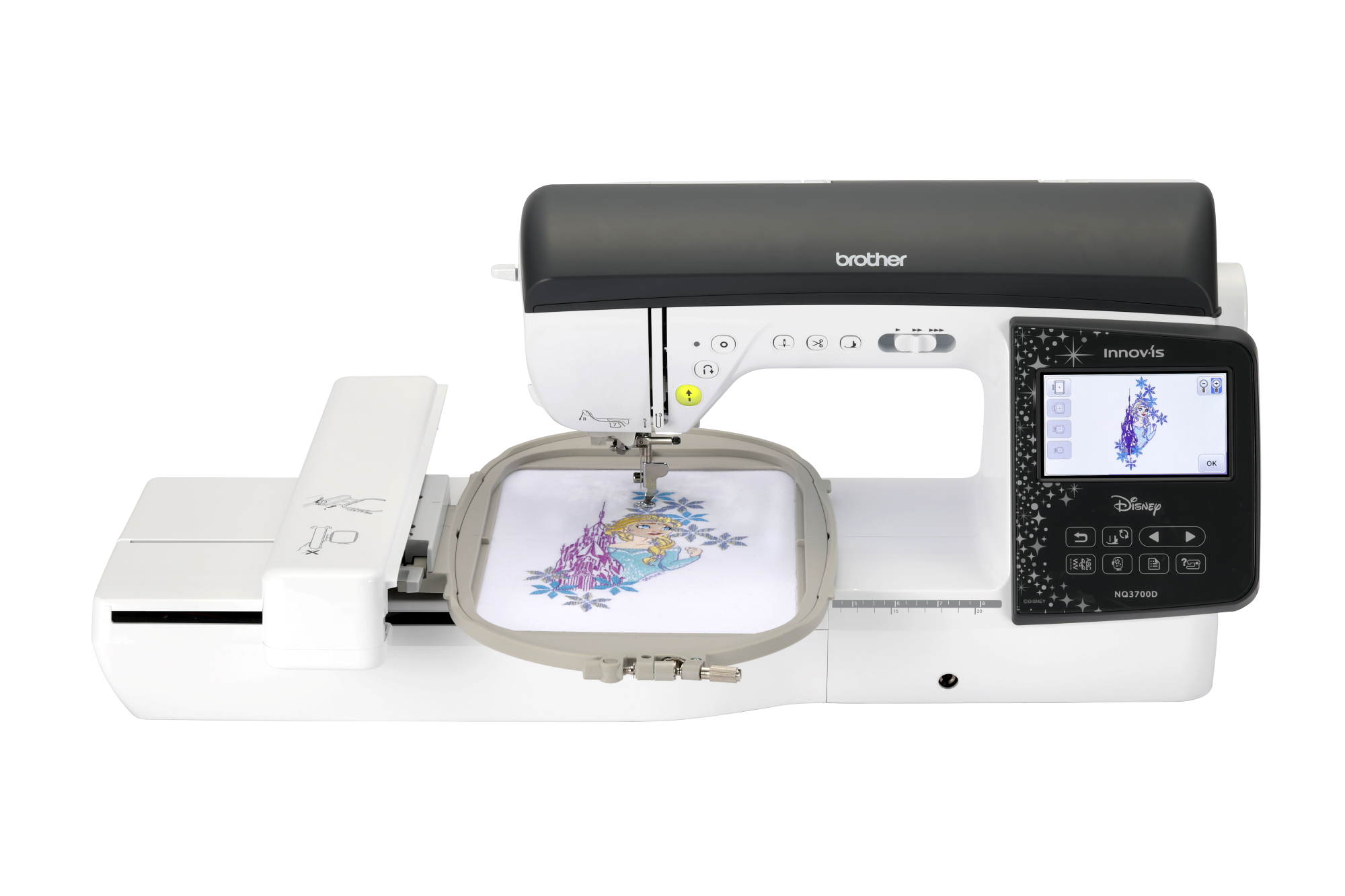 front facing image of the Brother Innov-is NQ3700D ten by six Sewing and Embroidery Machine with example embroidery