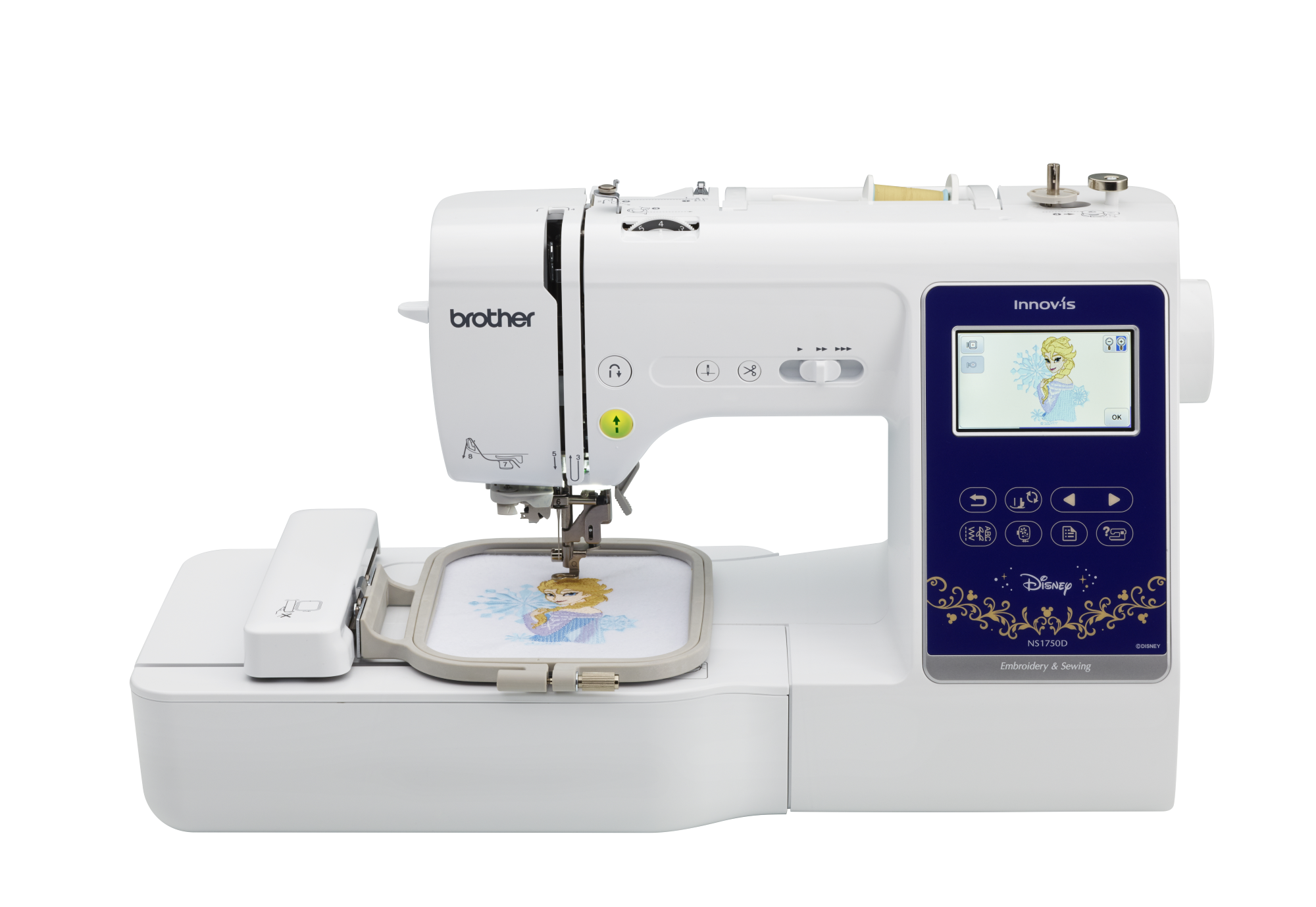 angled image of the Brother Innov-is NS1750D Sewing and Embroidery Machine 4x4 with embroidery hoop