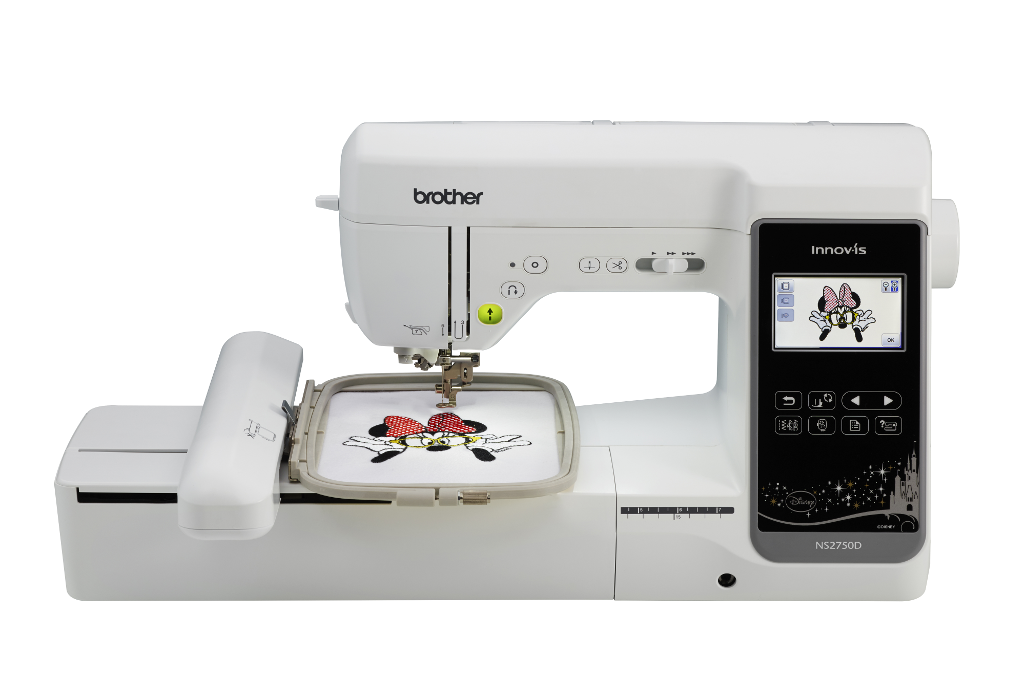 front facing image of the Brother Innov-is NS2750D seven by five Sewing and Embroidery Machine with example embroidery