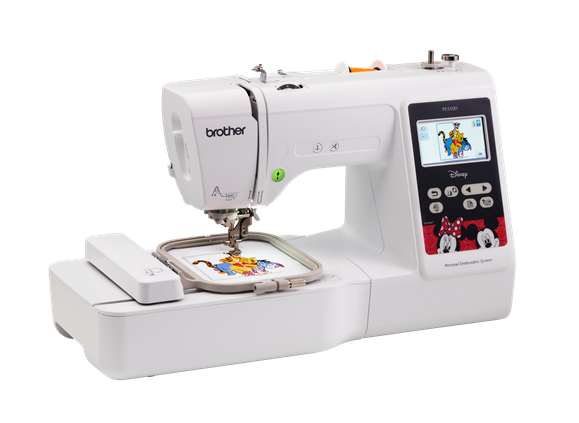angled image of the brother pe550d four by four embroidery machine 