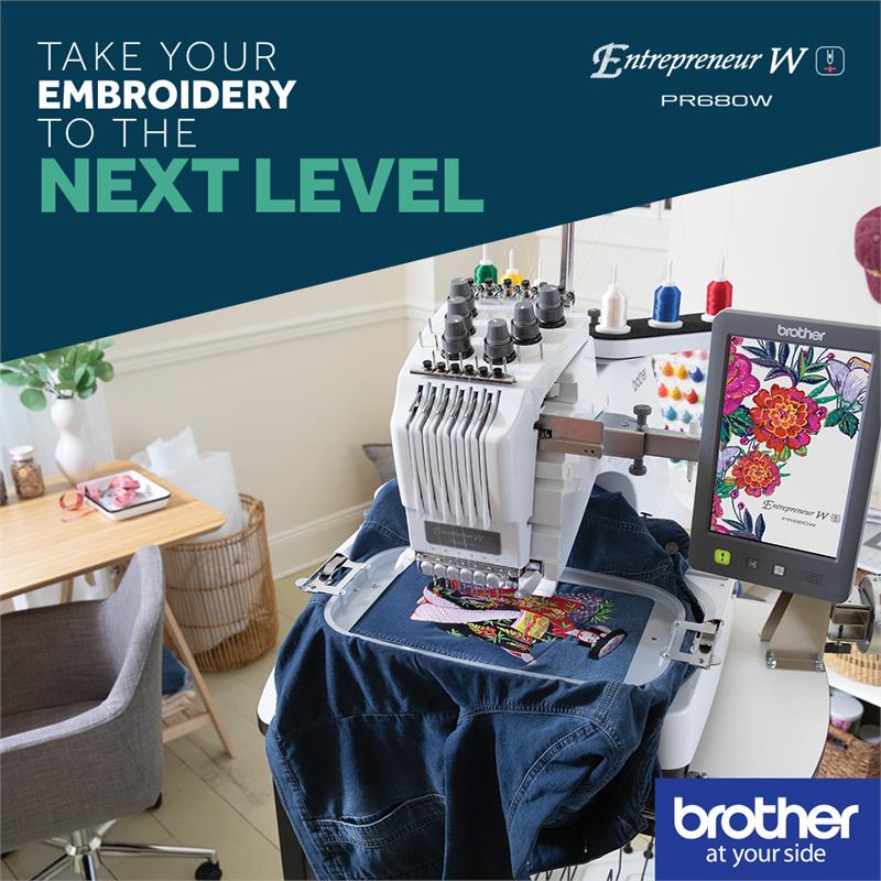 an advertisement for Brother Entrepeneur W PR680W twelve by eight six needle embroidery machine, take your embroidery to the next level