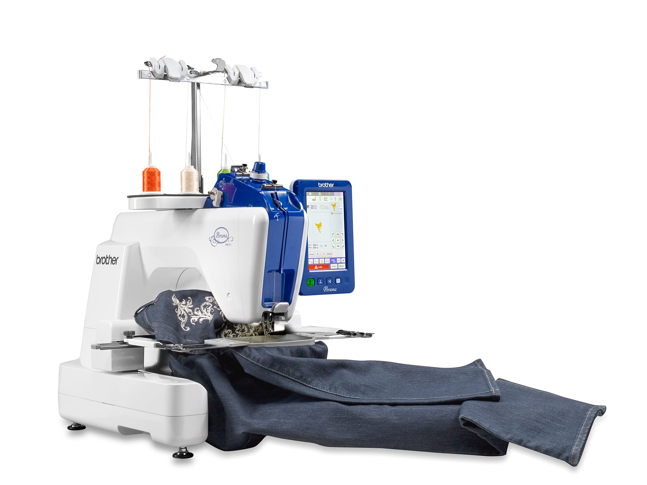 image of the Brother Persona PRS100 eight by eight 1 Needle Embroidery Machine with jeans