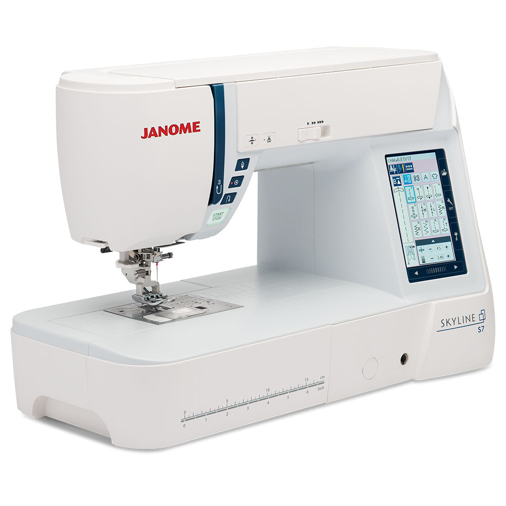 angled image of the Janome Skyline S7 Sewing and Quilting Machine