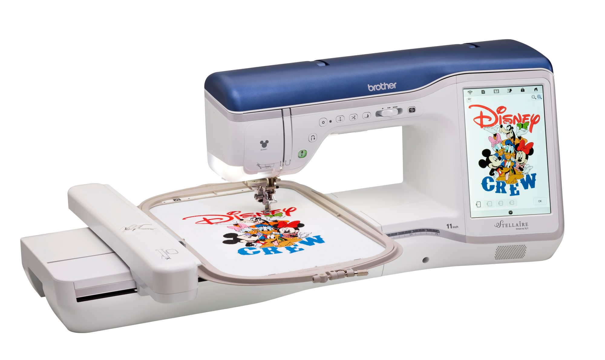angled image of the Brother Stellaire Innov-is XJ1 fourteen by nine and a half Sewing and Embroidery Machine with example embroidery