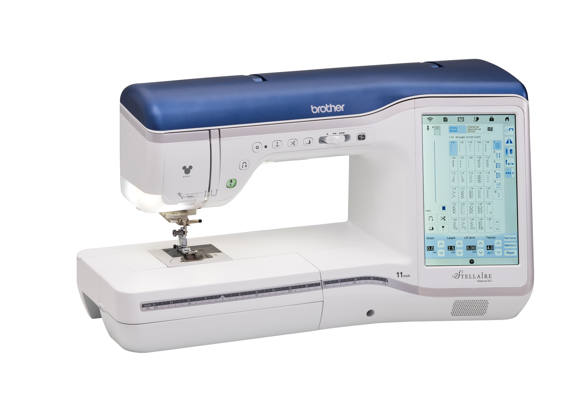 an angled image of the Brother Stellaire Innov-is XJ1 fourteen by nine and a half Sewing and Embroidery Machine