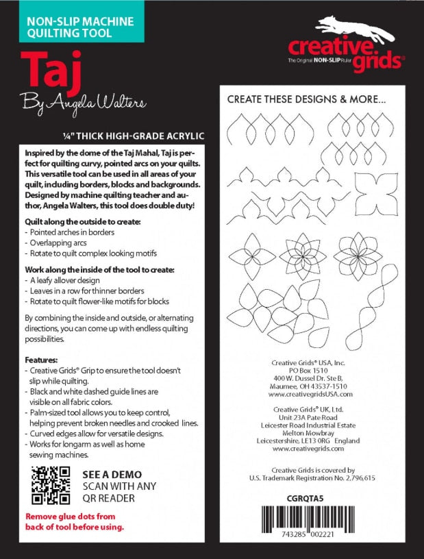 Creative Grids Machine Quilting Ruler Tool Taj