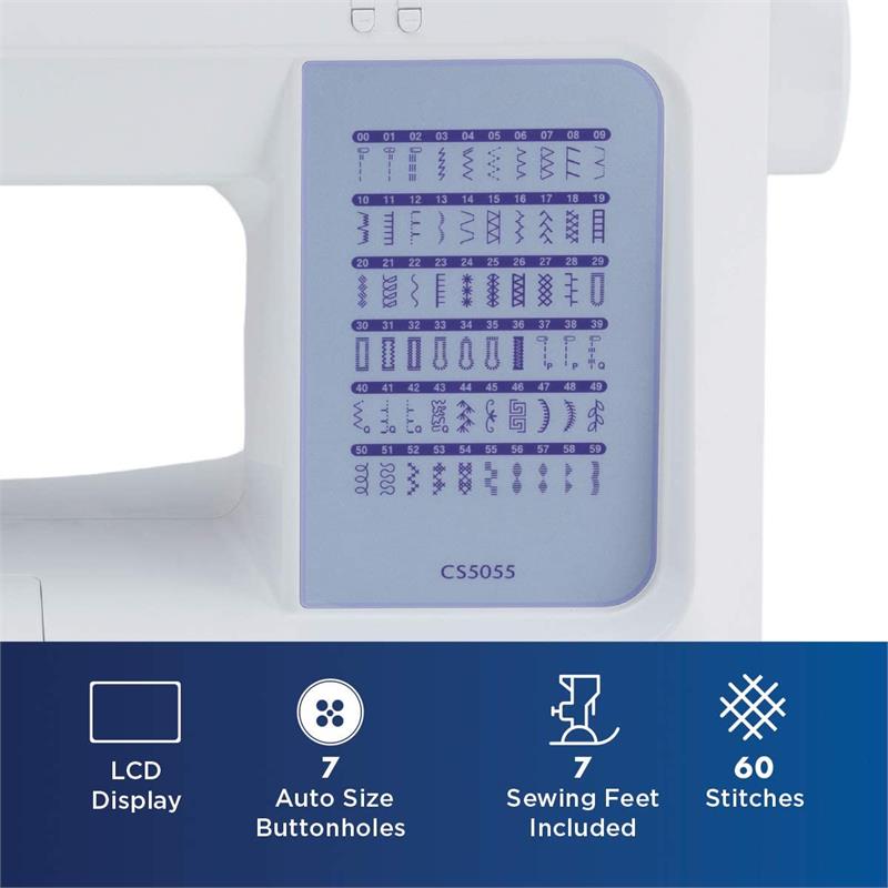 image detailing some of the features of the brother cs5055 sewing machine including lcd display 7 auto size buttonholes 7 included feet and 60 stitches