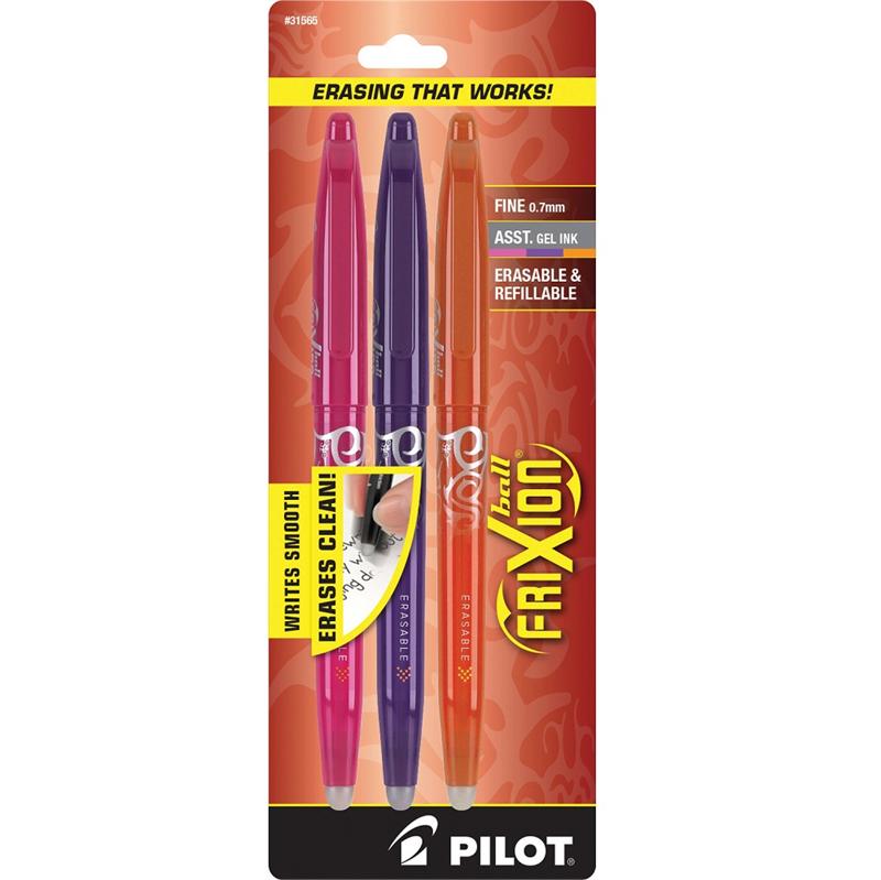 Pilot FriXion FX7C3003 Fine Point Erasable Gel Pen In Pink, Purple, and Orange (3 Pack)