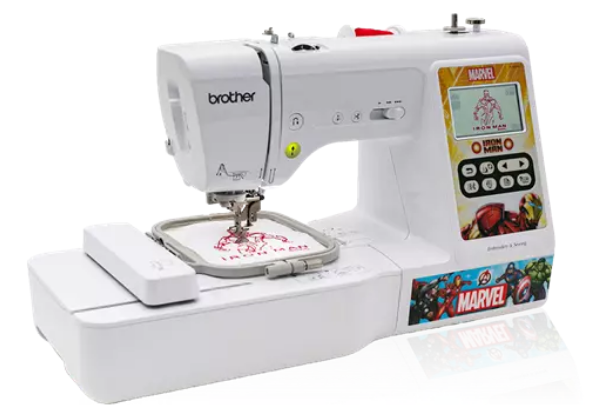 angled image of the Brother four by four LB5000M Marvel Sewing and Embroidery Machine with example embroidery