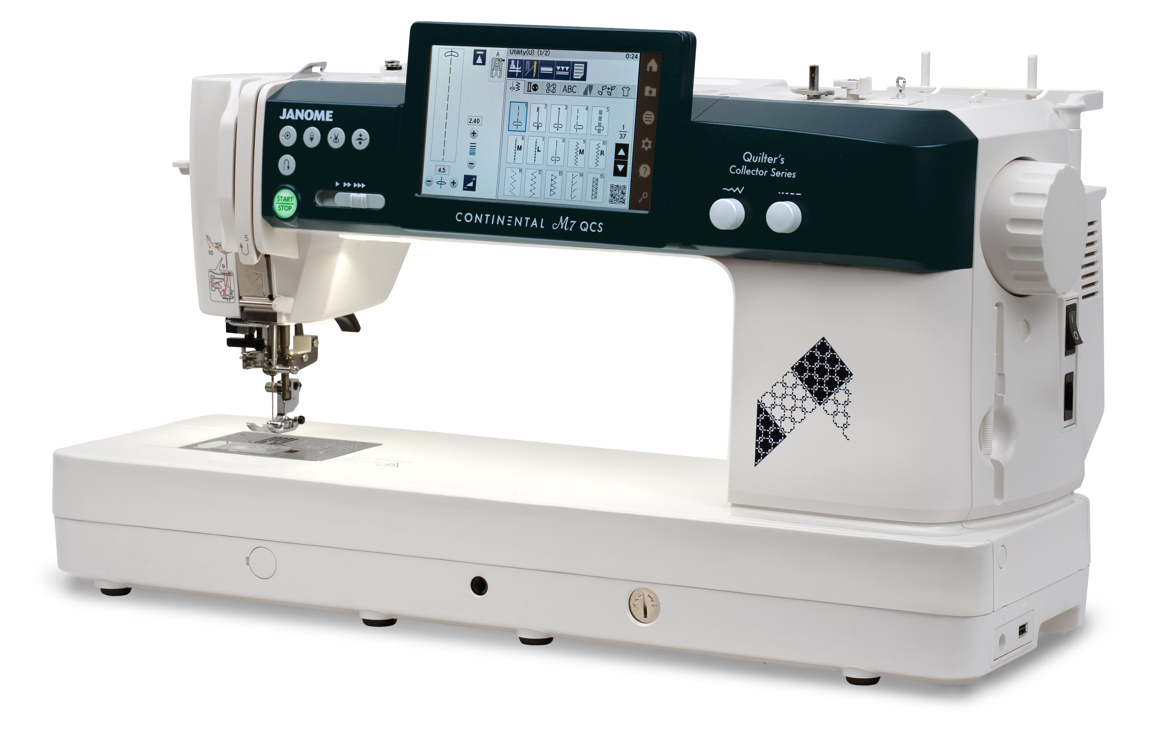 angled image of the Janome Continental M7 QCS Sewing and Quilting Machine for Sale at World Weidner
