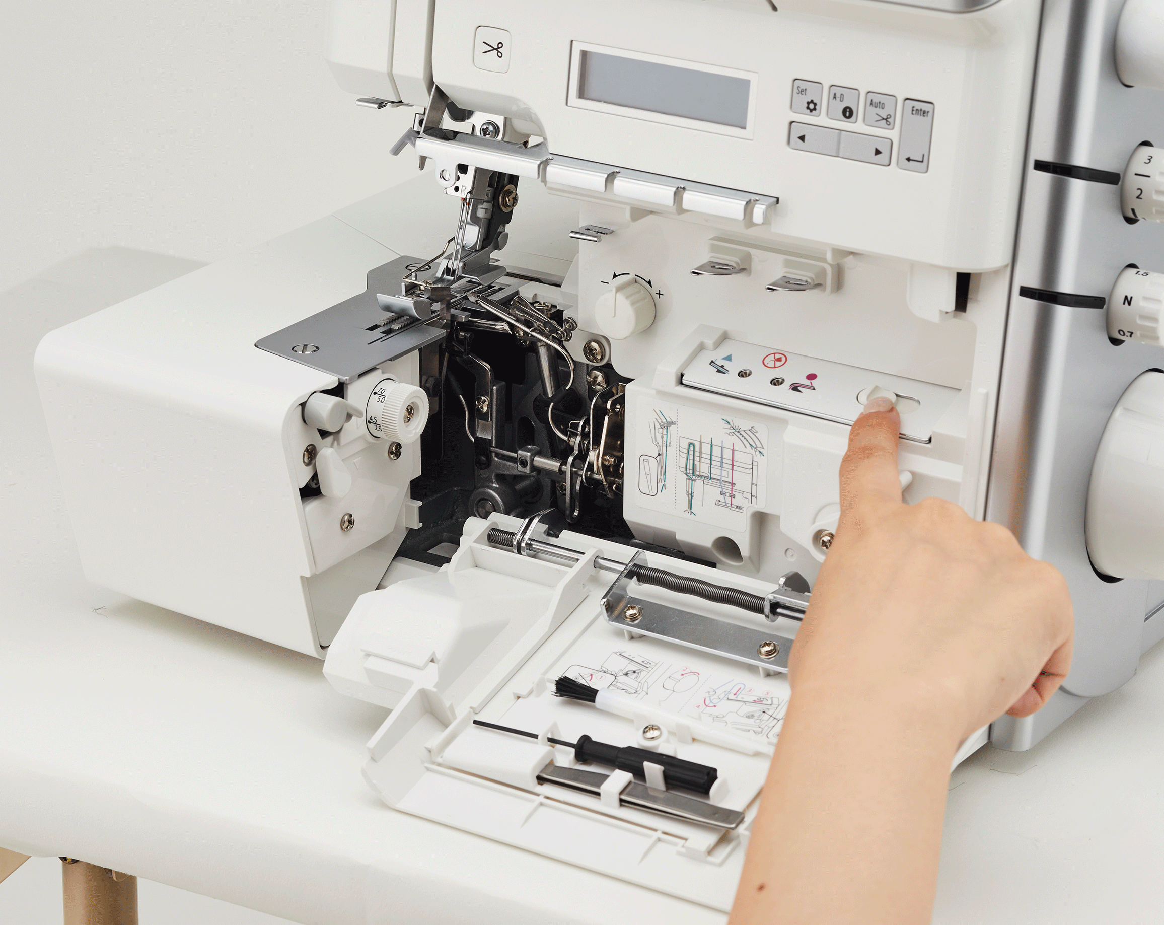 JUKI Akane MO-3000QVP Sewing Machine view of machine with inside exposed