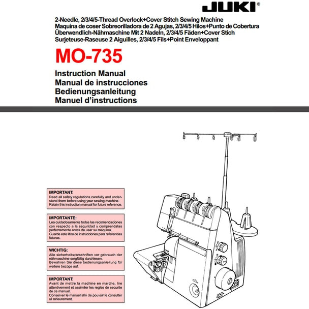 JUKI MO-735 2/3/4/5 Thread Overlock Serger Sewing Machine view of the instructional guide included with the machine