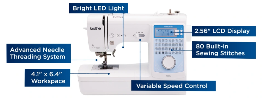 image displaying some of the key features of the Brother Innov-is NS80e six point four by four point one Computerized Sewing Machine including bright LED light, two point five six inch LCD display advanced needling threading system six point four by four by one workspace variable control speed and 80 built in sewing stitches