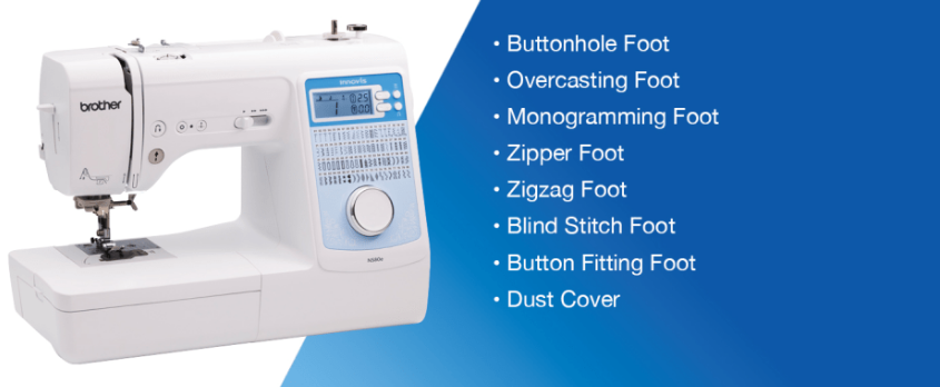 image detailing some of the feet included with the Brother Innov-is NS80e six point four by four point one Computerized Sewing Machine including buttonhole foot, overcasting foot, monogramming foot, zipper foot, zigzag foot, blind stitch foot, button fitting foot, dust cover