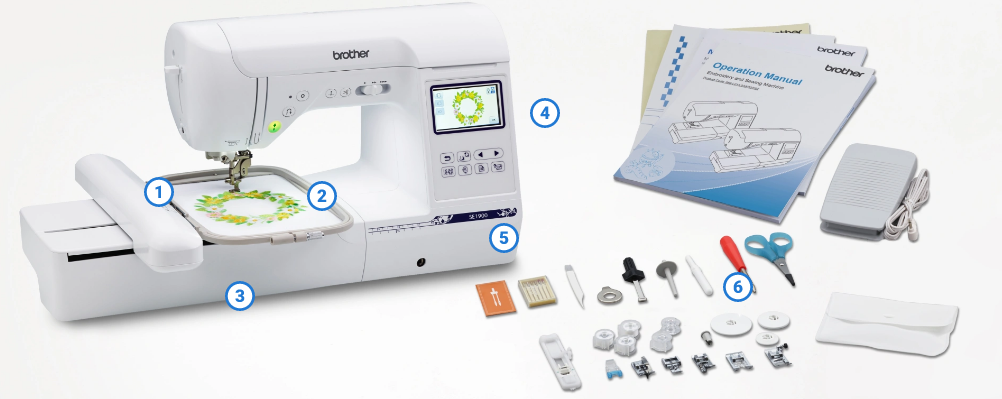 image of the brother se1900 seven by five sewing and embroidery machine and some of the included accessories