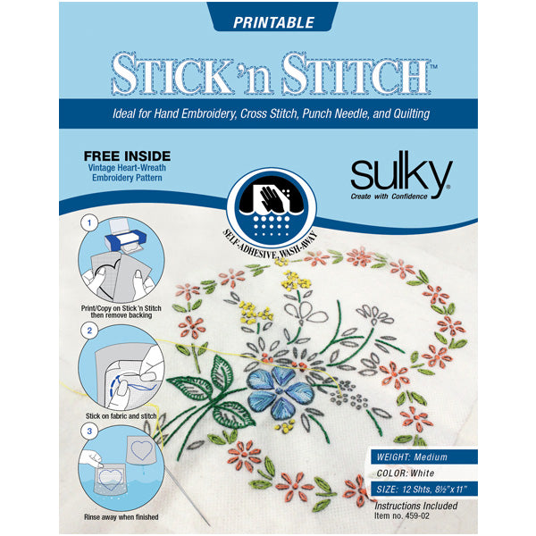 Sulky Stick n Stitch Printable Embroidery Sticky Stabilizer 8.5'' x 11'' Sheets 12 pcs